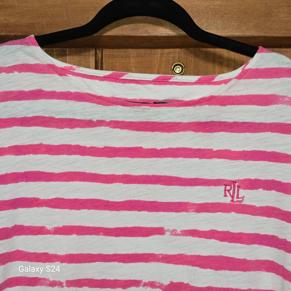 Lauren Ralph Lauren Pink White Striped Long Sleeve Boat Neck Tee Shirt Womens M